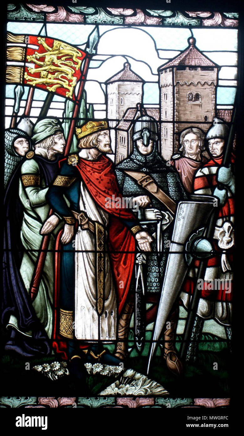 383 Léo Schnug, Comparution de Richard Cœur de Lion devant l'empereur Henri VI à Haguenau en 1193, vitrail au musée historique de Haguenau ( détail ) Stock Photo