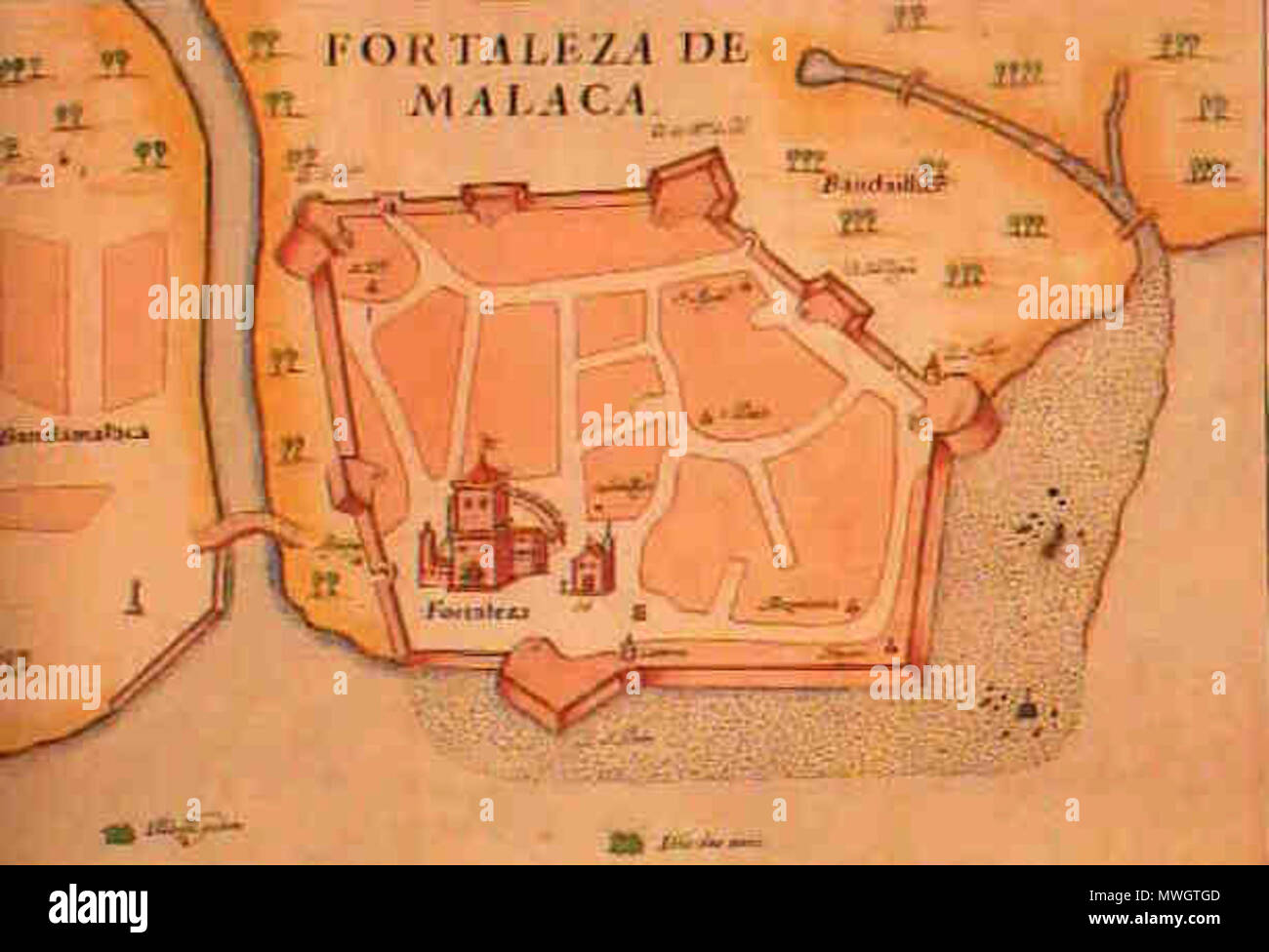 . English: Malacca 1630s Title: Livro das Plantas das Fortalezas, Cidades e Povoaçoes do Estado da India Oriental 1600s. Period: 1600s Remark: Illustration of the Portuguese fort and the city of en:Malacca. 1600s. . This file is lacking author information. 389 Malacca 1630 Stock Photo