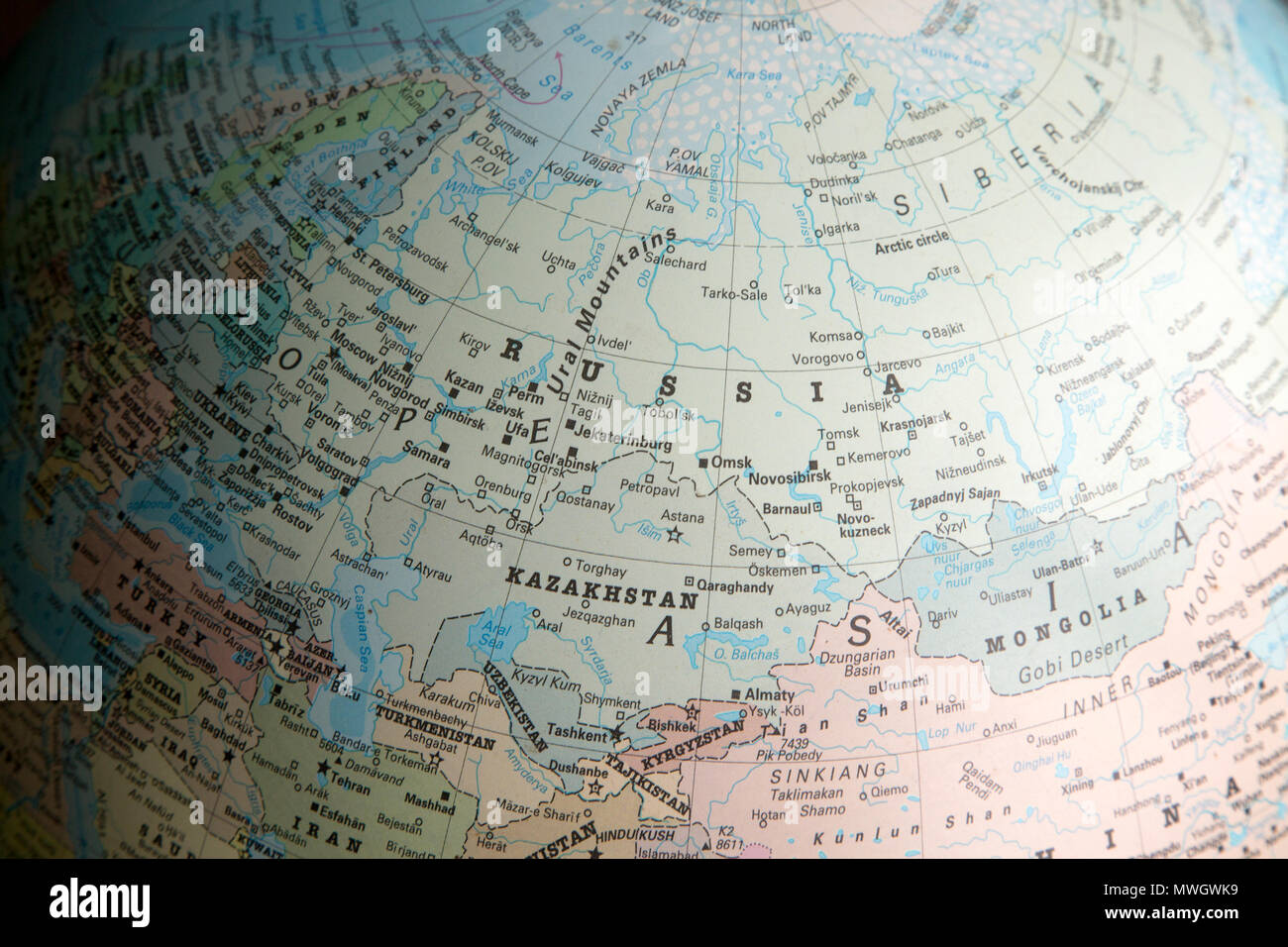Eastern Europe and Asia map on a globe focused on Russia Stock Photo