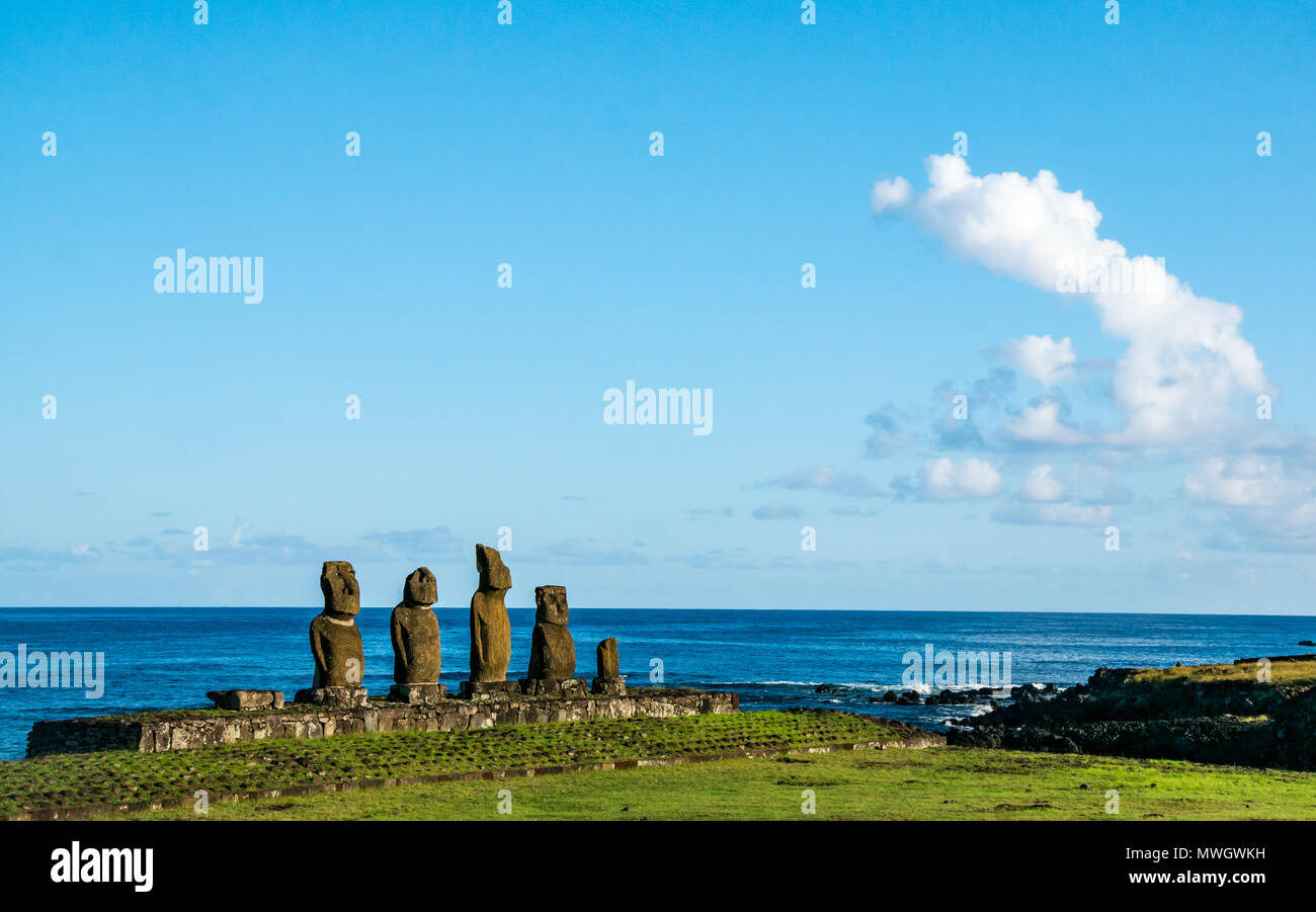 Ahu Vai Ure, Tahai Moai figures, Hanga Roa, Easter Island, Chile Stock Photo