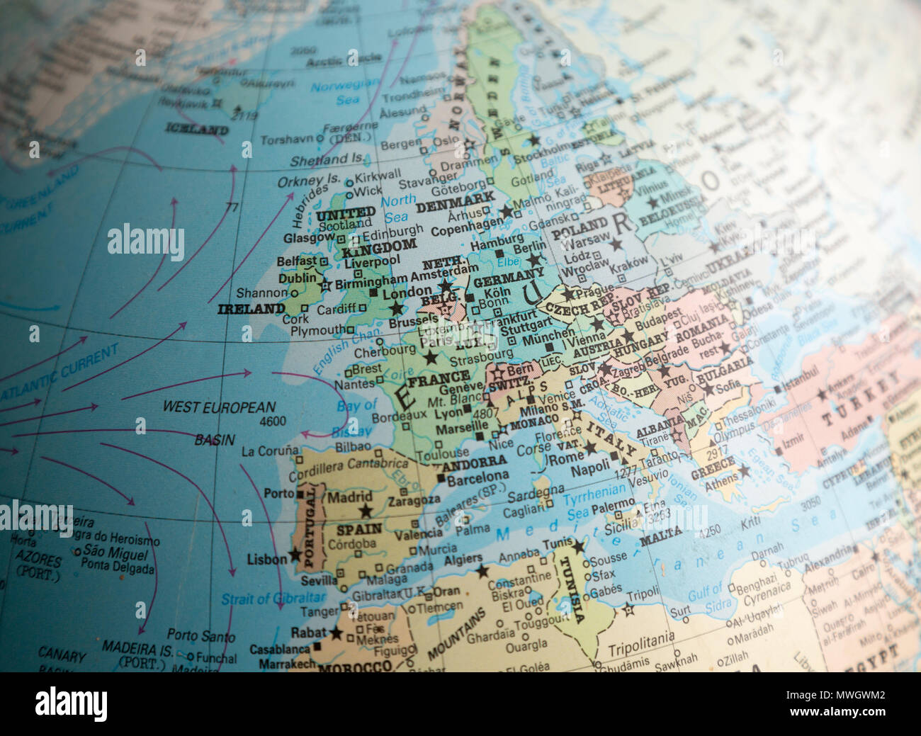 Western Europe map on a globe focused on France Stock Photo