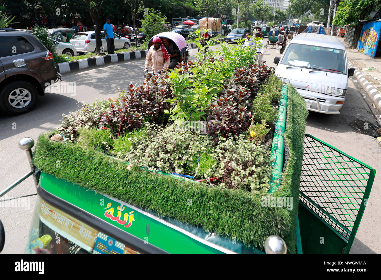 Dhaka, Bangladesh - May 12, 2018: A green environmental friendly Bangladeshi CNG three-wheeler transport with mini-garden on its rooftop, in Dhaka, Ba Stock Photo