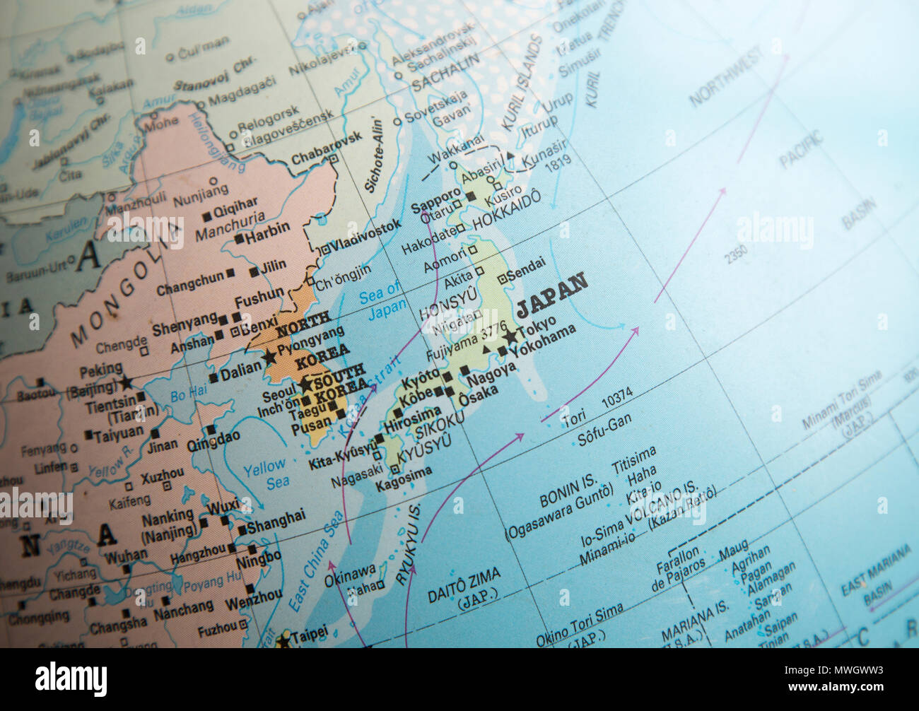 East Asia map on a globe focused on Japan, North Korea, South Korea, Stock Photo
