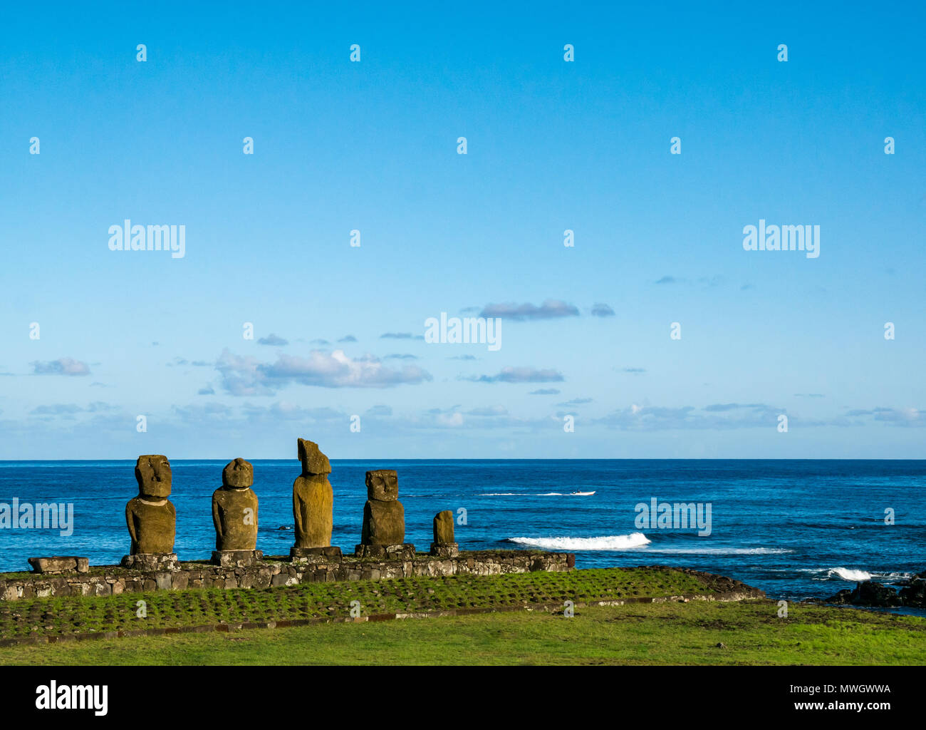 Ahu Vai Ure, Tahai Moai figures, Hanga Roa, Easter Island, Chile Stock Photo