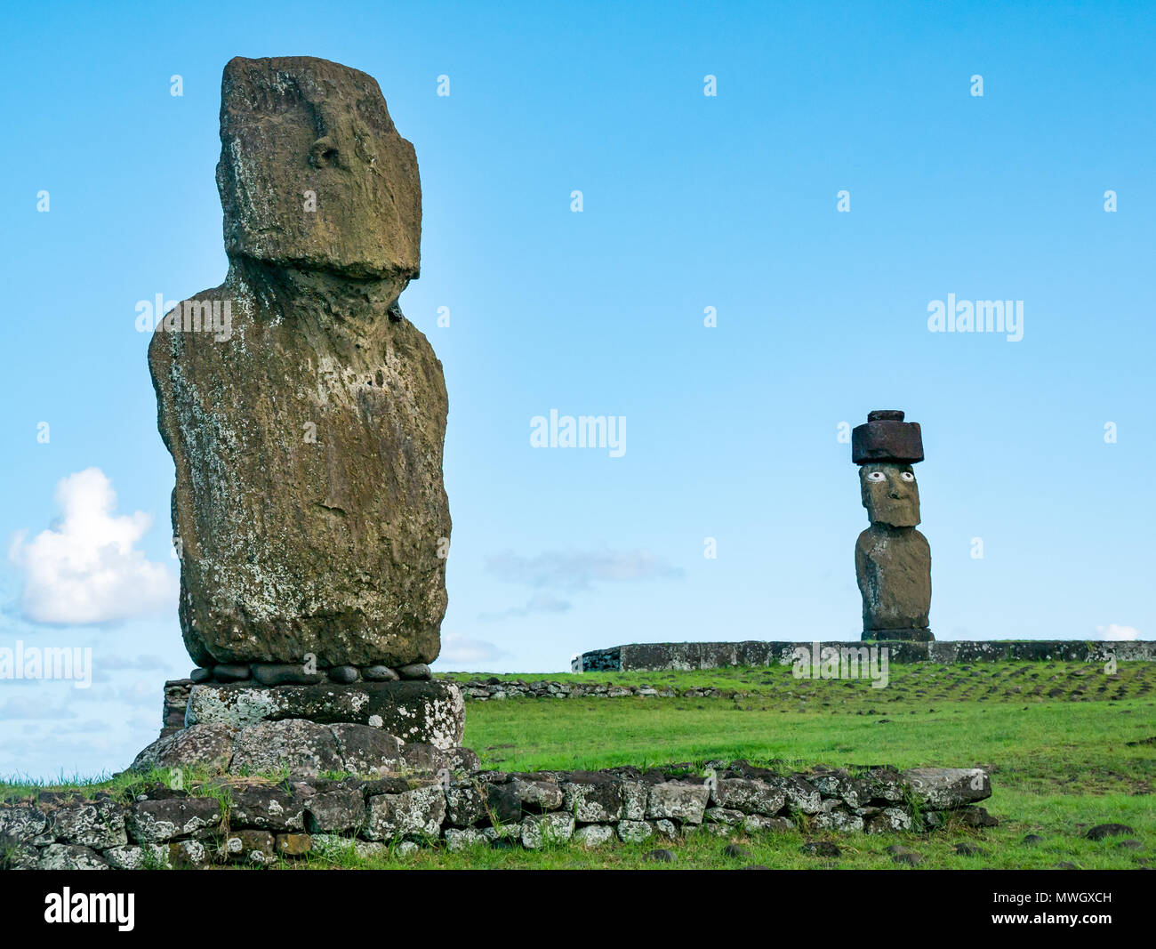Ahu Vai Ure and Ahu Ko Te Riku, Tahai Moai complex, Hanga Roa, Easter Island, Chile Stock Photo