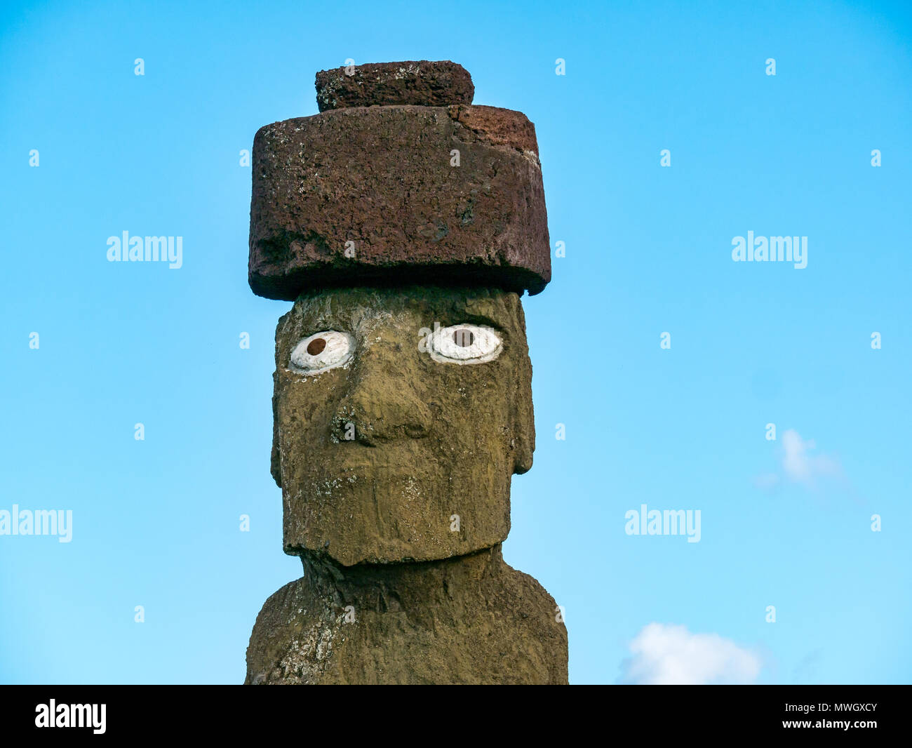 Close up of Ahu Ko Te Riku, part of Ahu Tahai Moai complex, Hanga Roa, Easter Island, Chile Stock Photo