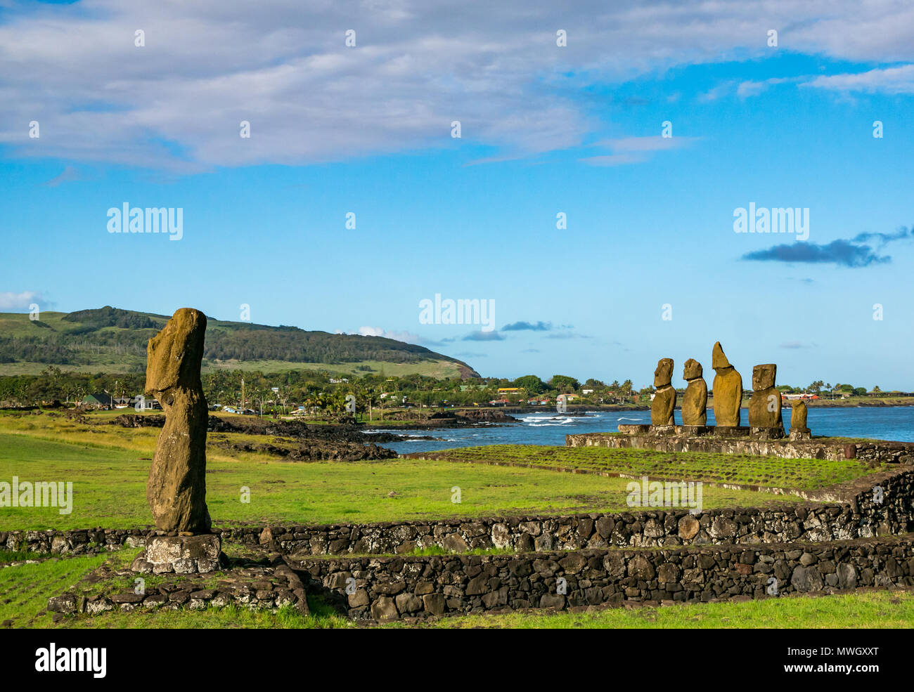 Ahu Vai Ure and Ahu Ko Te Riku, Tahai Moai complex, Hanga Roa, Easter Island, Chile Stock Photo