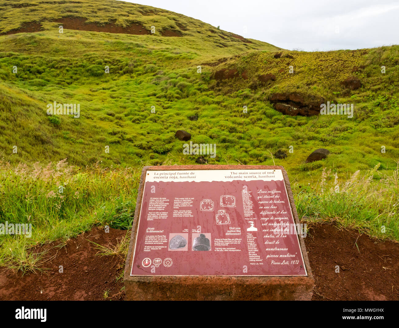Visitor information board, Puna Pau quarry, source of red volcanic scouria rock used to carve top knots for Easter Island Moai stone figures Stock Photo