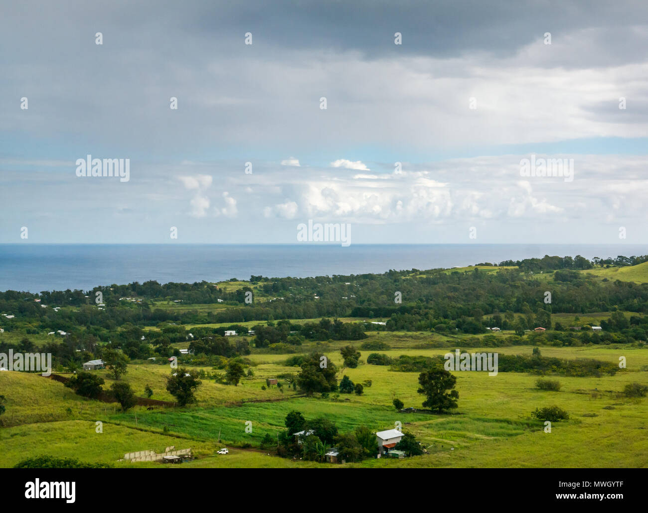 View from Puna Pau scouria quarry over landscape of Easter Island, Chile Stock Photo