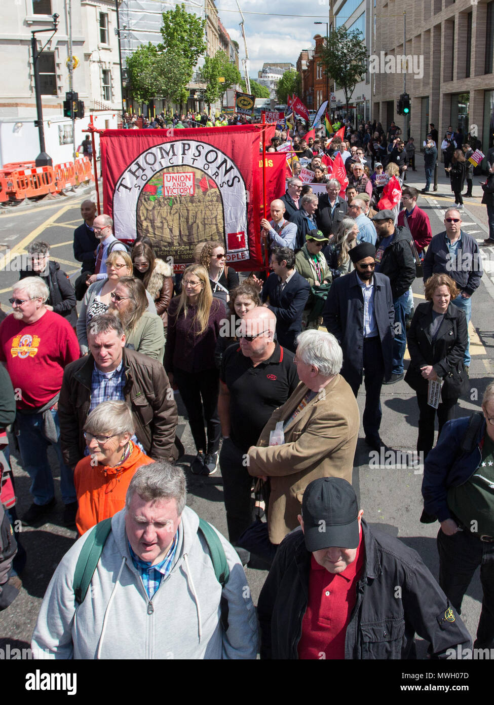 Annual May day march and rally at Trafalgar Square. The march and rally marks International Workers Day, which dates back to union struggles in the late 19th century.  Featuring: Atmosphere, View Where: London, England, United Kingdom When: 01 May 2018 Credit: Wheatley/WENN Stock Photo