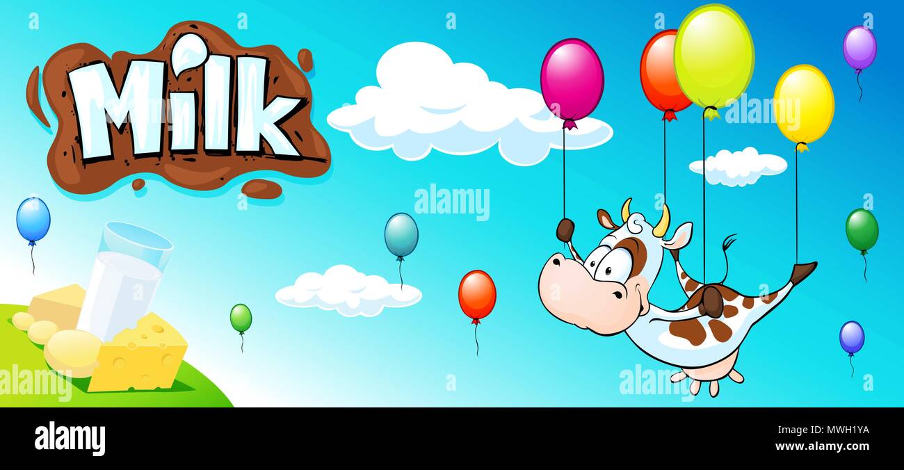 funny design with cow, colorful balloon and milk products - horizontal banner Stock Vector