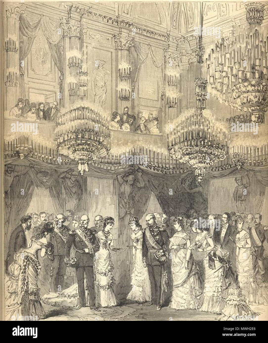 .  English: 'The Official Reception in the Royal Palace in Milan, Italy, of Wilhelm I of Germany, in 1875' (notably, in the 'Sala delle Cariatidi', later demolished by a bombing during World War 2). From 'L'Illustration' ( http://www.lillustration.com ), 1875. Drawing by Charles Fichot (1817-1903) & Paul-Adolphe Kauffmann (1849-1935?), engraving by Joseph Burn-Smeeton (floruit 1840-1880) and his pupil and later partner Auguste Tilly (18..-1898).  . 1875. Charles Fichot; Paul-Adolphe Kauffmann; Joseph Burn-Smeeton; Auguste Tilly. 414 MI - 1875 - Da L'illustration, 1875 - Visita Guglielmo II a M Stock Photo