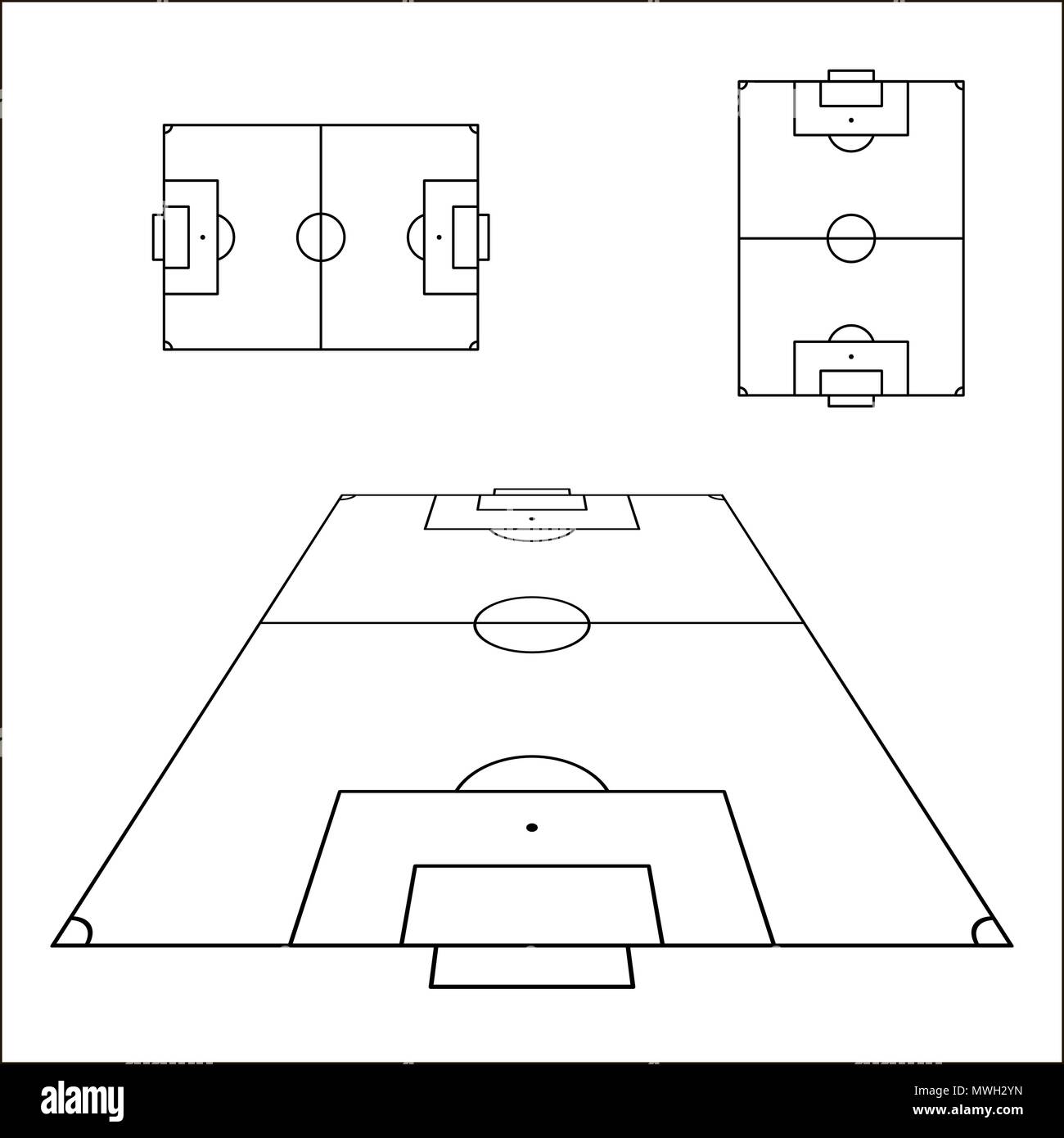 Sketch of soccer fields set. Football field design element. Soccer field top view template. Vector illustration Stock Vector