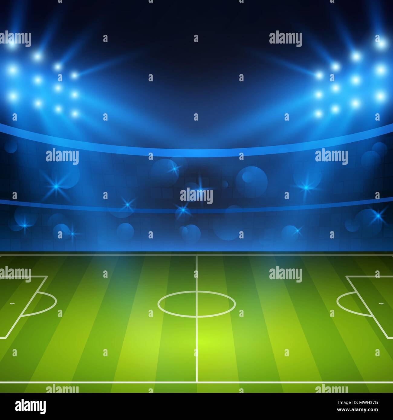 Soccer stadium. Football arena field with bright stadium lights. Vector illustration Stock Vector