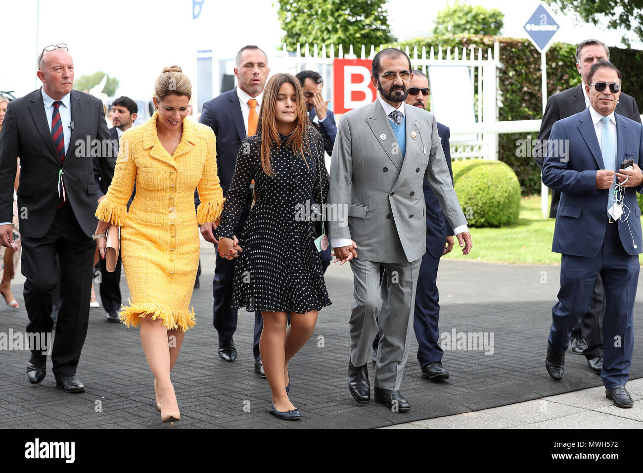 Mohammed Bin Rashid Al Maktoum Right Princess Haya Bint Hussein Left And Daughter Sheikha Al Jalila During Ladies Day Of The 2018 Investec Derby Festival At Epsom Downs Racecourse Epsom Stock Photo