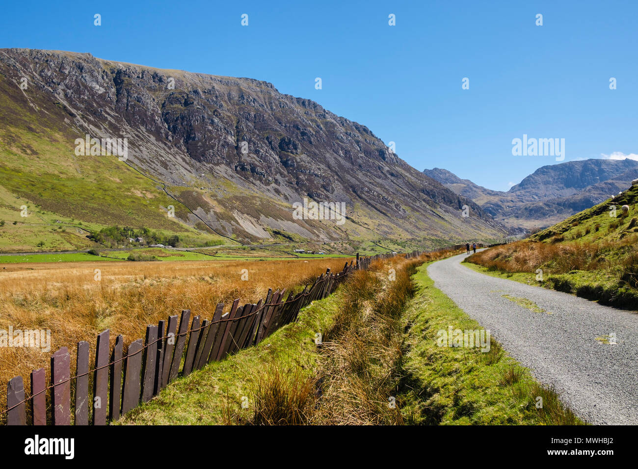 A country lane with traditional slate fence in Nant Ffrancon valley in mountains of Snowdonia National Park. Ogwen Bethesda Gwynedd North Wales UK Stock Photo
