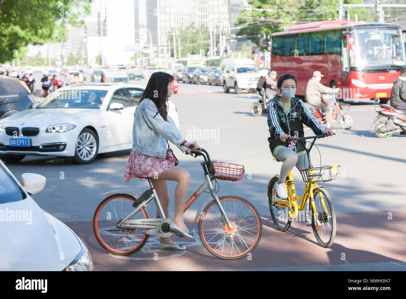 Download Face Mask Air Pollution Woman Cycling Summer Skirt Beijing Peking Capital City Peoples Republic Of China China Chinese Asia Asian Stock Photo Alamy PSD Mockup Templates