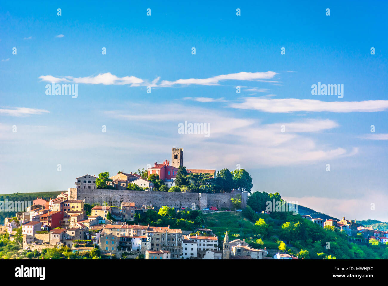 Scenic view at medieval town Motovun on marble hill, Istria Croatia. Stock Photo