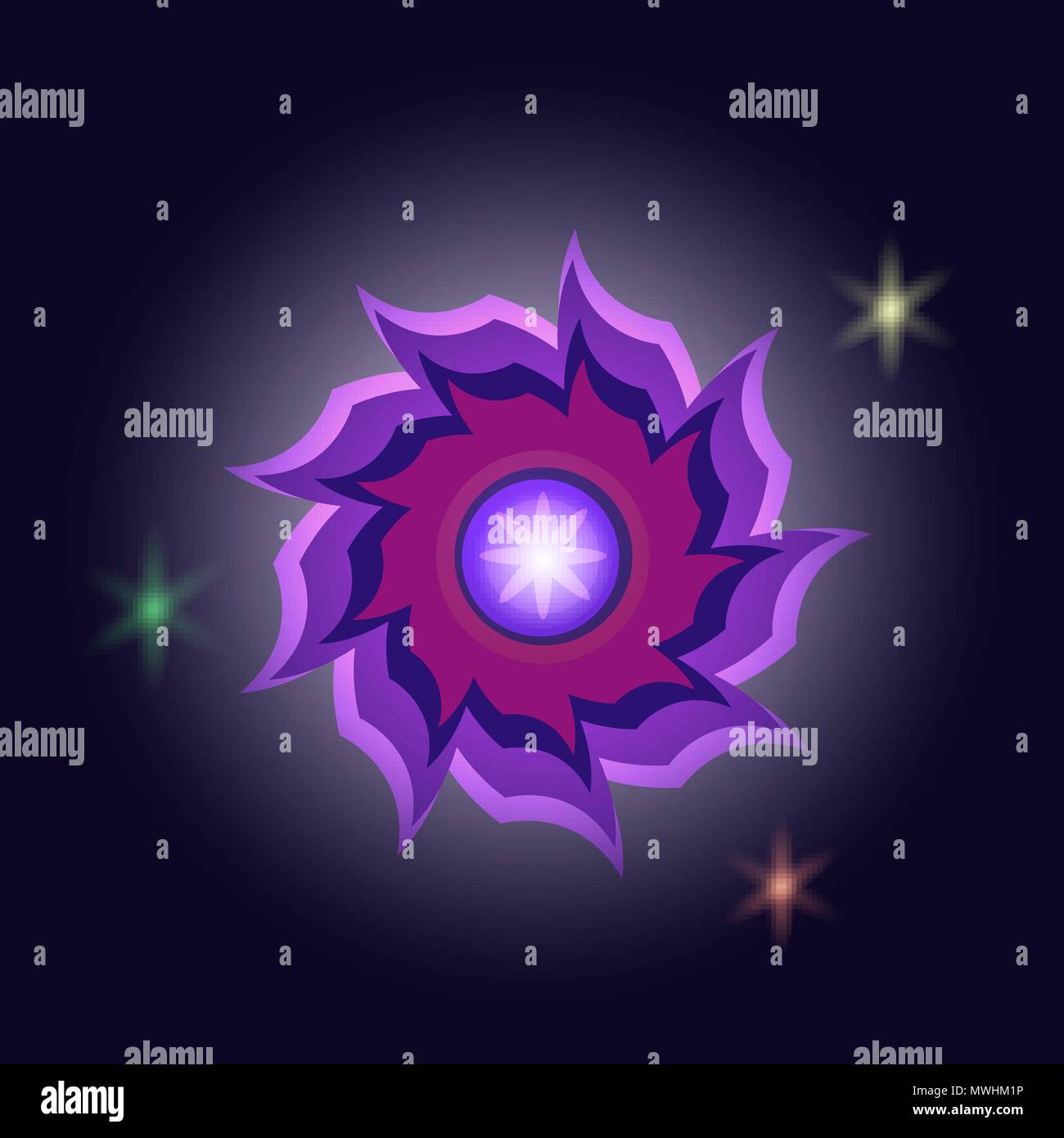 Glowing fantasy flower in space with bright stars Stock Vector