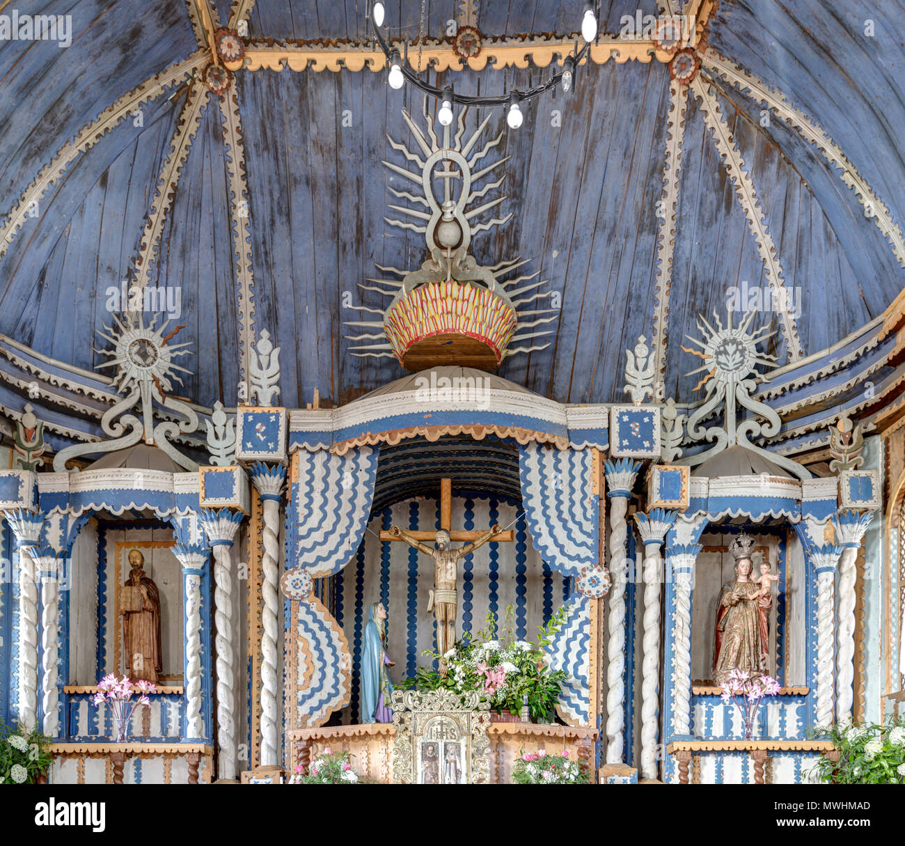 Quinchao Island, Chiloé, Chile: Baroque interior of the Unesco World Heritage Church at Achao. Stock Photo