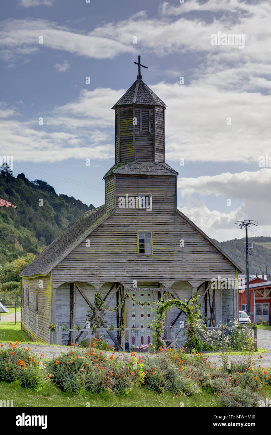 Lemuy Island, Chiloé, Chile: Santiago Apostol Church is a Unesco World Heritage Site in Detif. Stock Photo