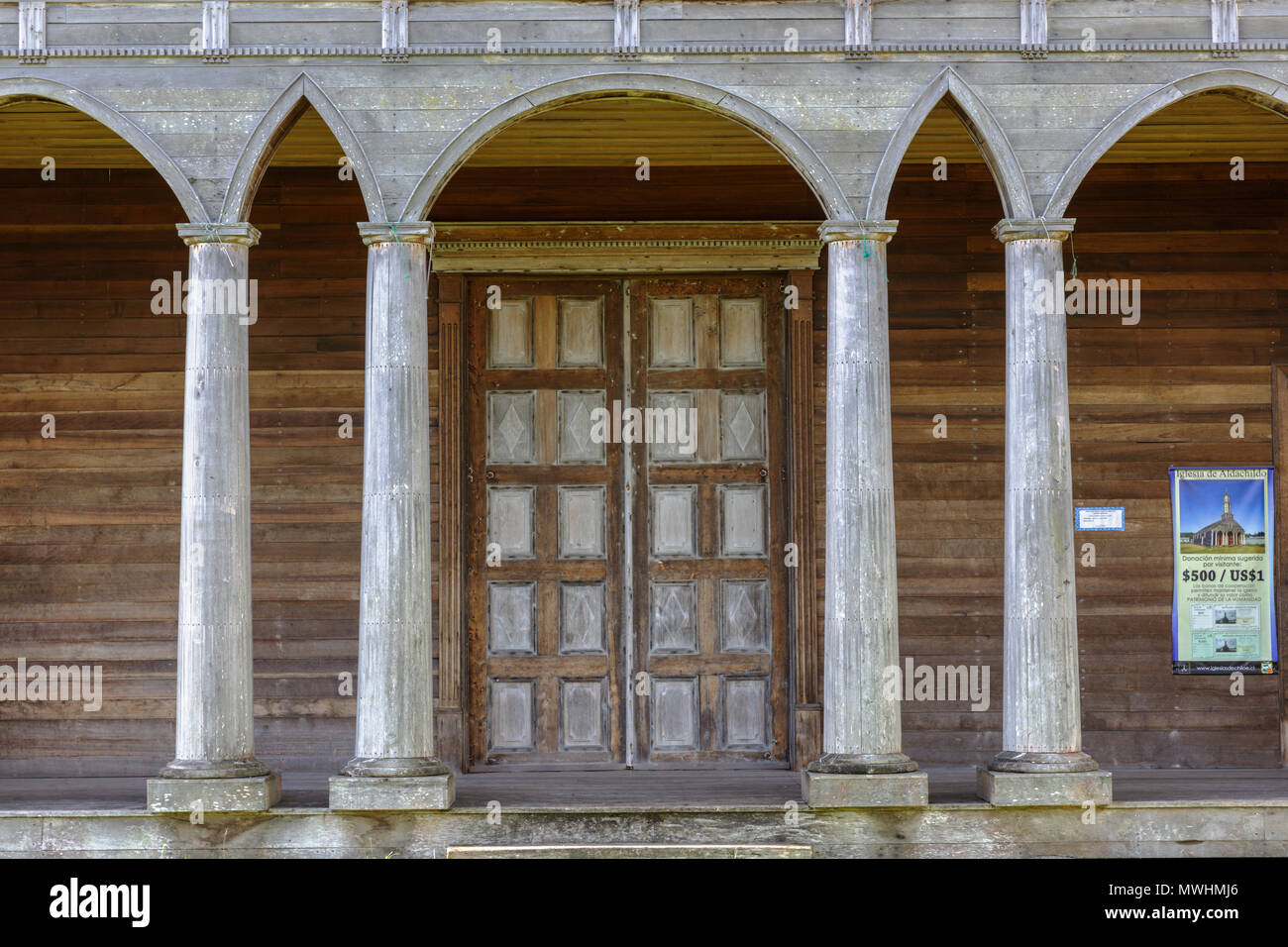 Chile: Jesus Nazareno Church is a Unesco World Heritage Site in Aldachildo, Lemuy Island, Chiloé archipelago. Stock Photo