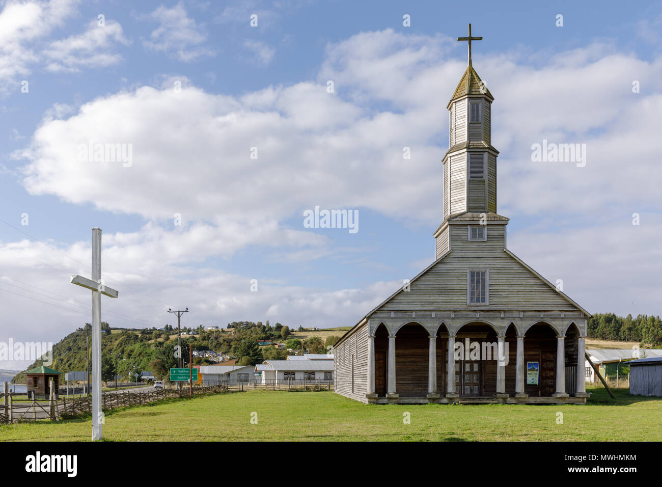 Chile: Jesus Nazareno Church is a Unesco World Heritage Site in Aldachildo, Lemuy Island, Chiloé archipelago. Stock Photo