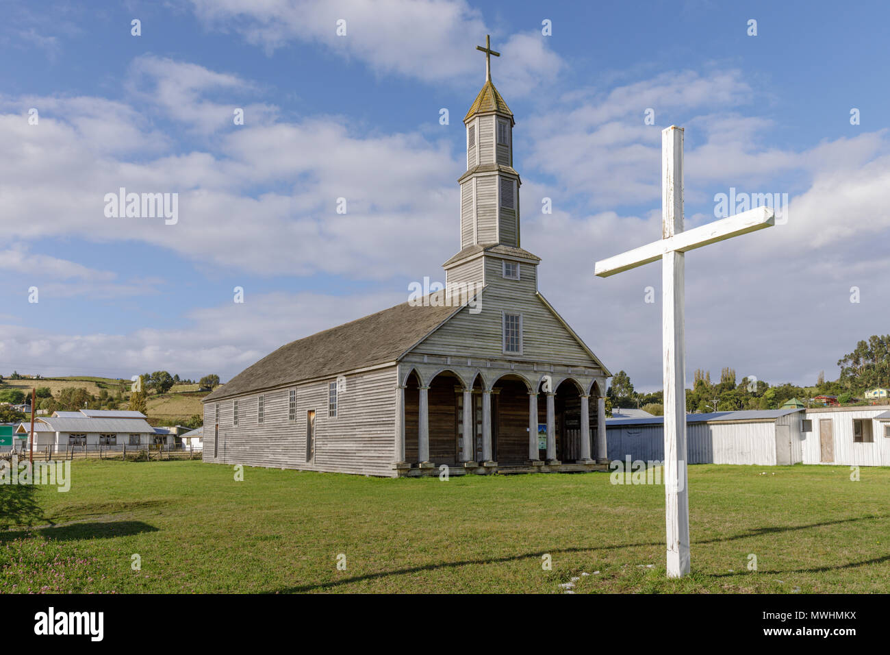 Chile: Jesus Nazareno Church is a Unesco World Heritage Site in Aldachildo, Lemuy Island, Chiloé archipelago. Stock Photo