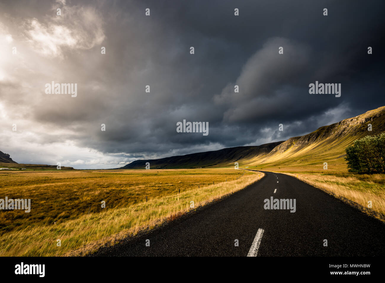 a street in the interior of iceland in the later afternoon Stock Photo
