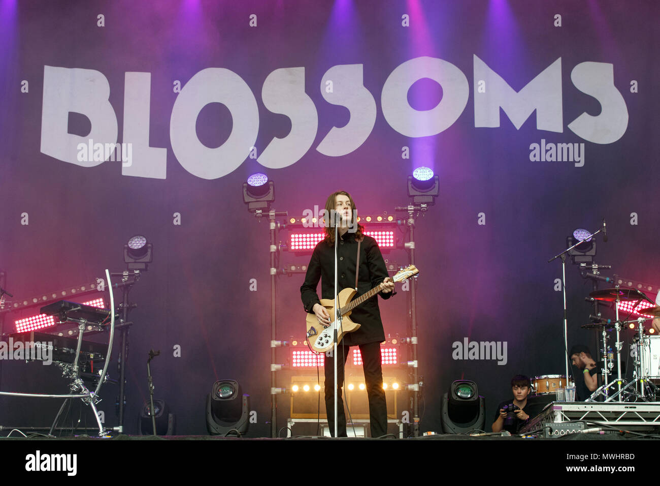 Tom Ogden of indie pop band Blossoms performing live. Tom Ogden Blossoms, Blossoms live, Blossoms in concert. Stock Photo