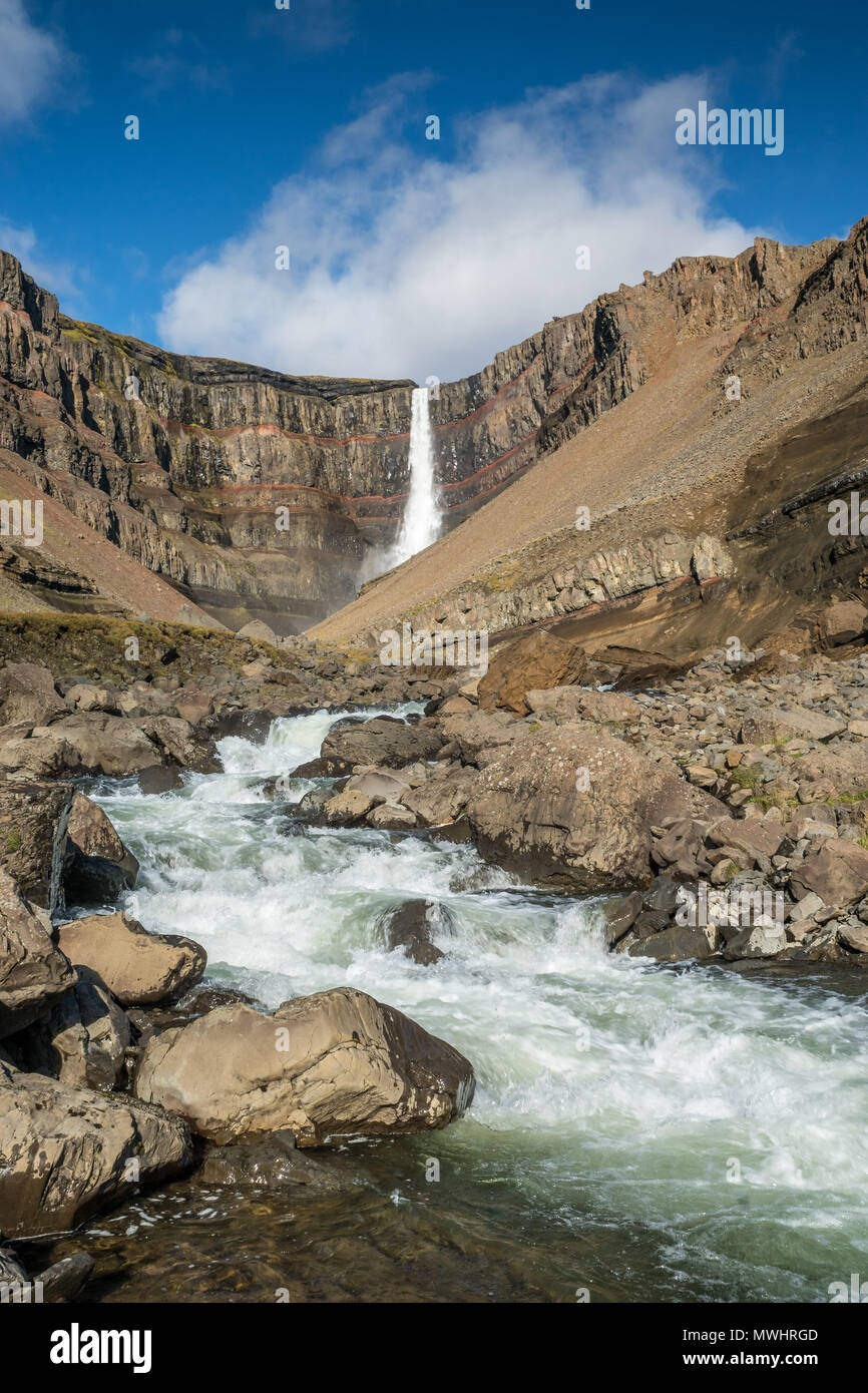 wild Hengifoss Waterfall and its canyon Stock Photo