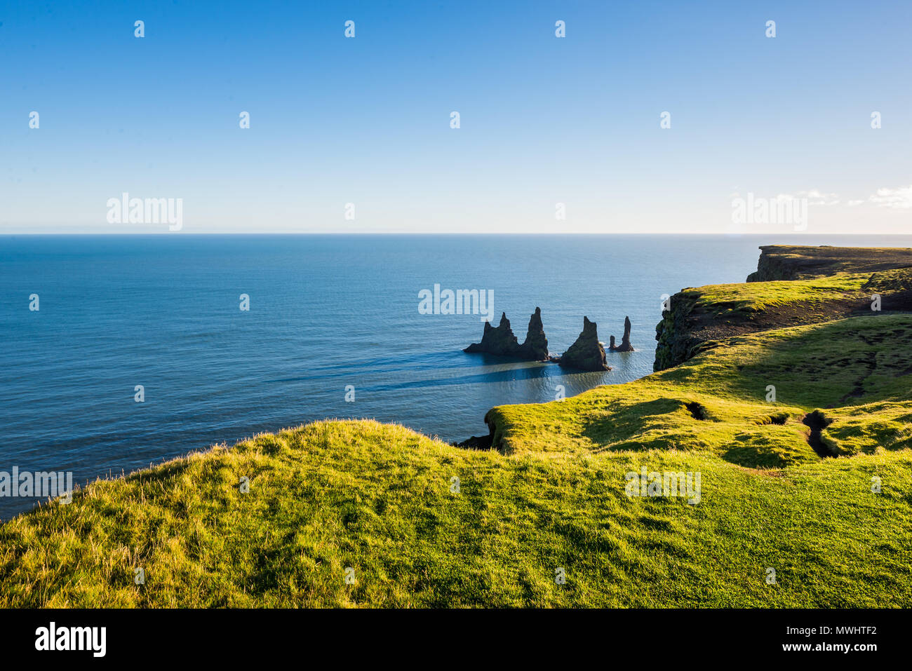 famous rock formation in the South of Iceland seen from Reynisfjara Mountain near Vik Stock Photo