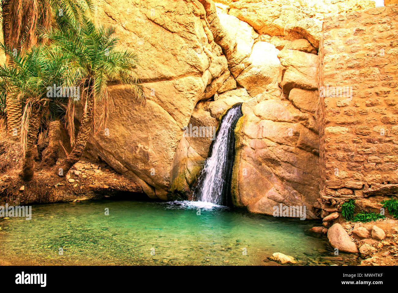 Scenic waterfall in oasis Chebika. Sahara Desert, Tunisia, Africa Stock ...