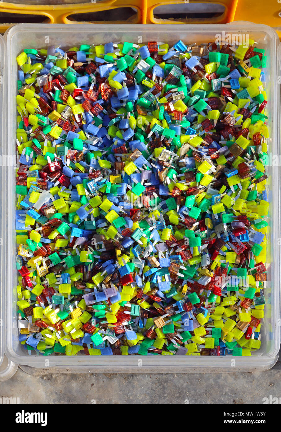 Color Coded Automotive Blade Fuses in Box Stock Photo Alamy