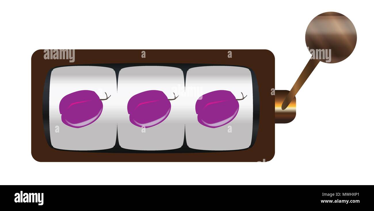 A typical cartoon style three plum on a spin of a one armed bandit or fruit machine over a white background Stock Vector