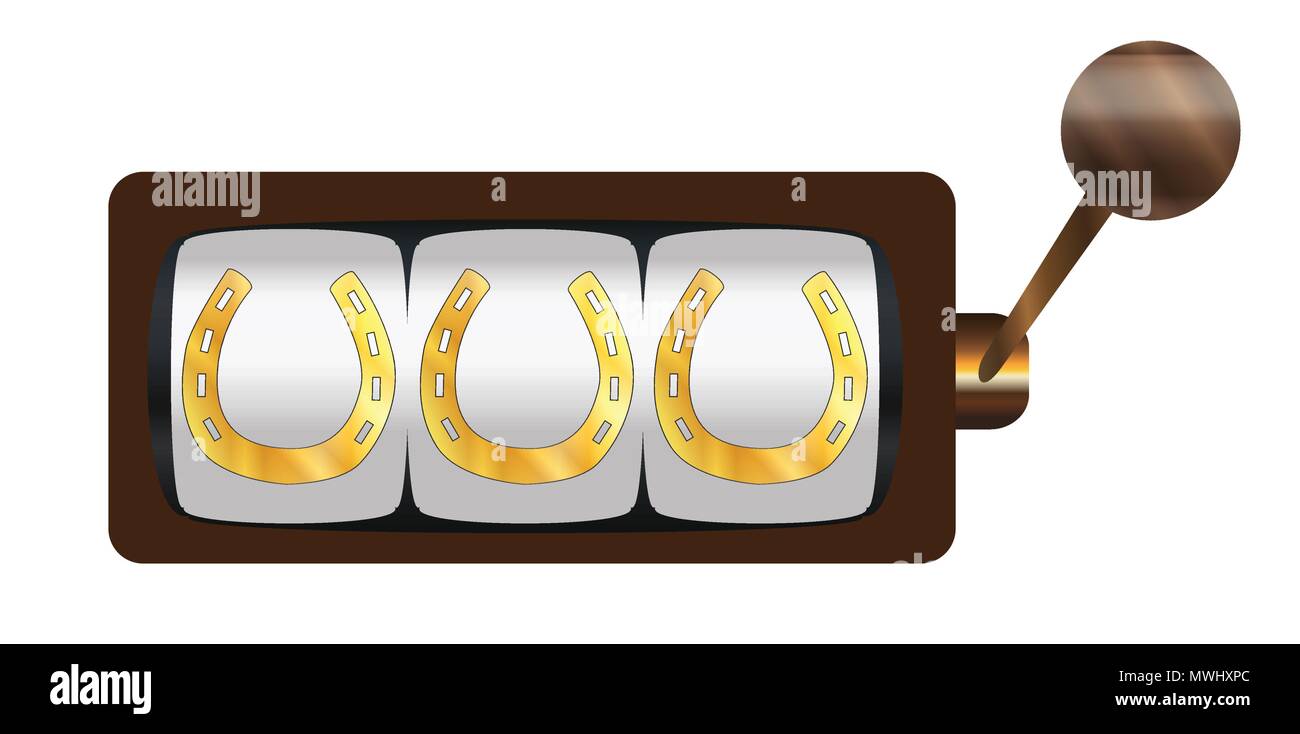 A typical cartoon style three horseshoe on a spin of a one armed bandit or fruit machine over a white background Stock Vector