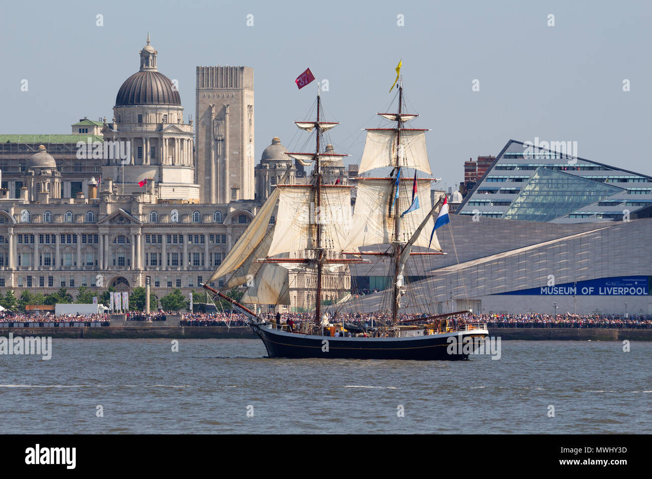 The Tall ship Morgenster on the River Mersey during the Three Festivals Tall Ships Regatta in Liverpool 2018. Stock Photo