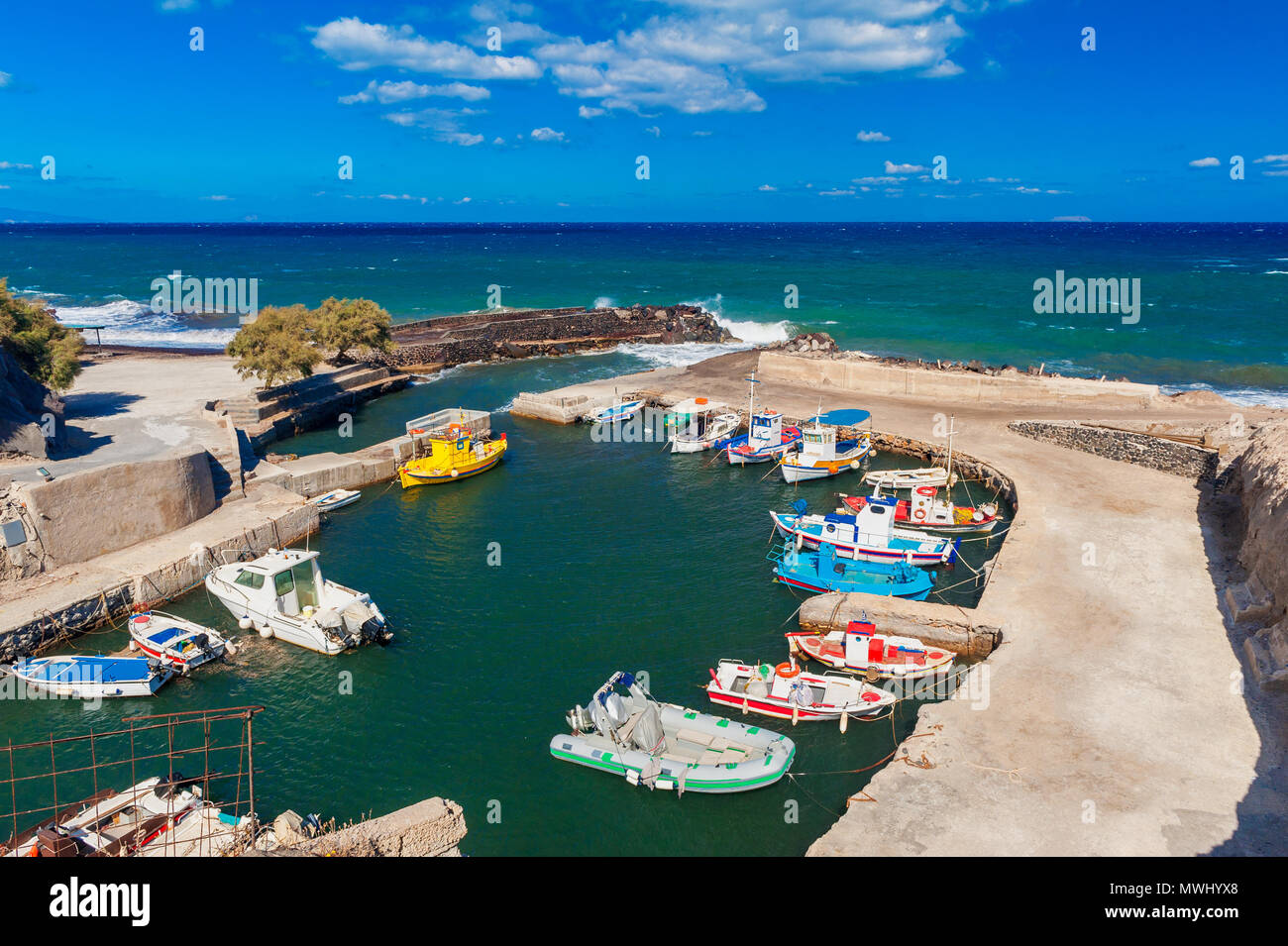 Tiny Harbor of Panagia in Santorini, Cyclades Islands, Greece Stock Photo