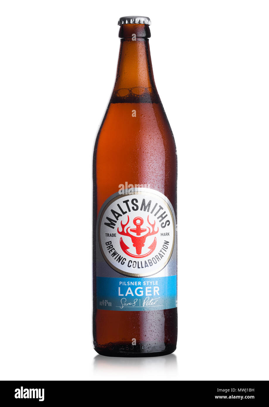 LONDON, UK - JUNE 01, 2018: Cold Bottle of Maltsmiths lager beer on white background Stock Photo