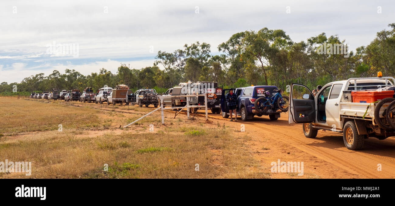 A convoy of four wheel drive vehicles in the Gibb Challenge 2018 on the Gibb River Road Kimberley WA Australia Stock Photo
