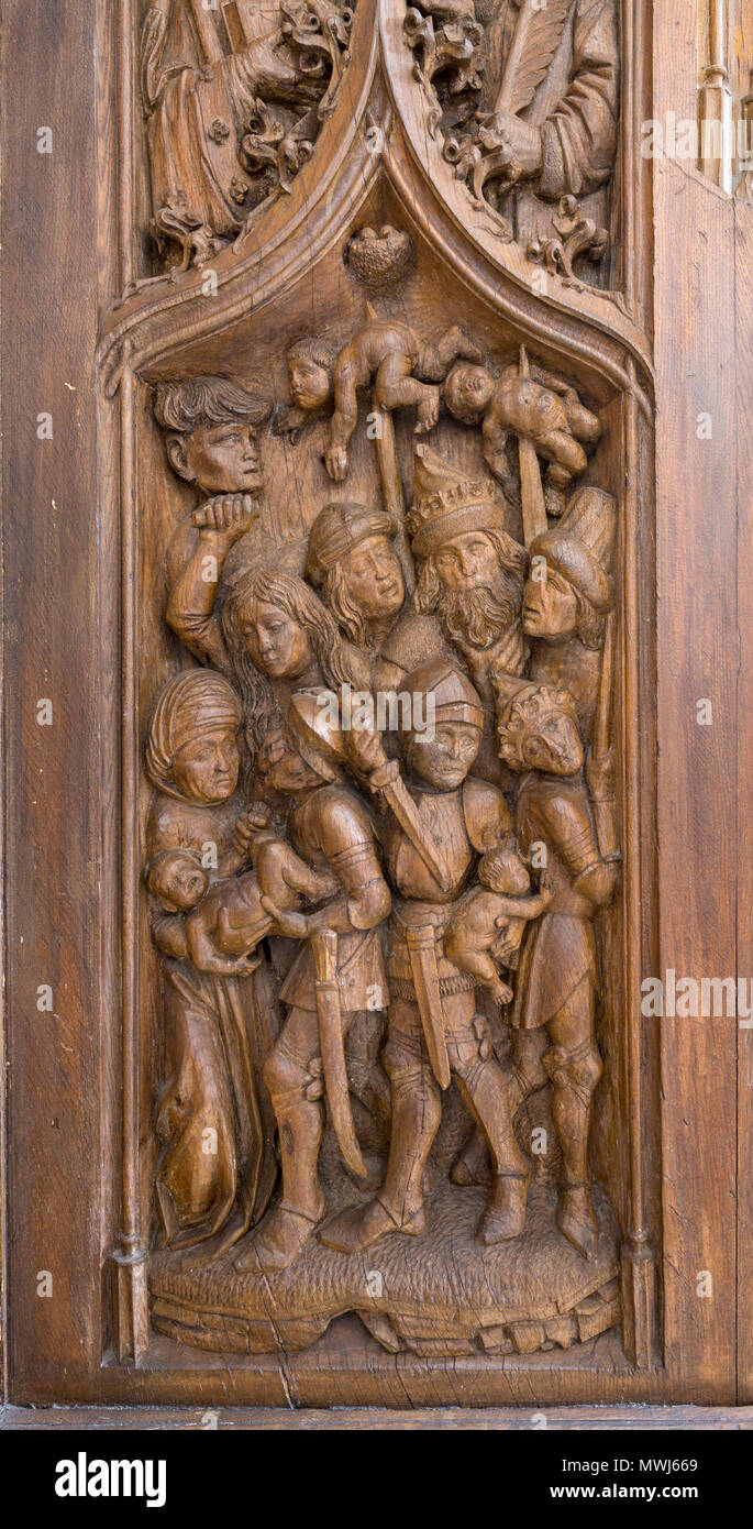 Konstanz, Münster, Chorgestühl, Bildhauer Heinrich Yselin und Simon Haider um 1470, Gestühlwange mit Szene Bethleheminischer Kindermord Stock Photo