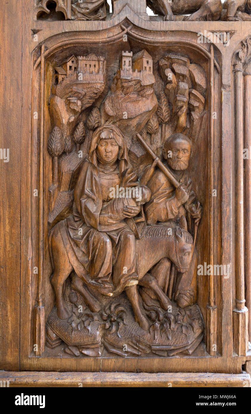 Konstanz, Münster, Chorgestühl, Bildhauer Heinrich Yselin und Simon Haider um 1470, Gestühlwange mit Flucht nach Ägypten Stock Photo