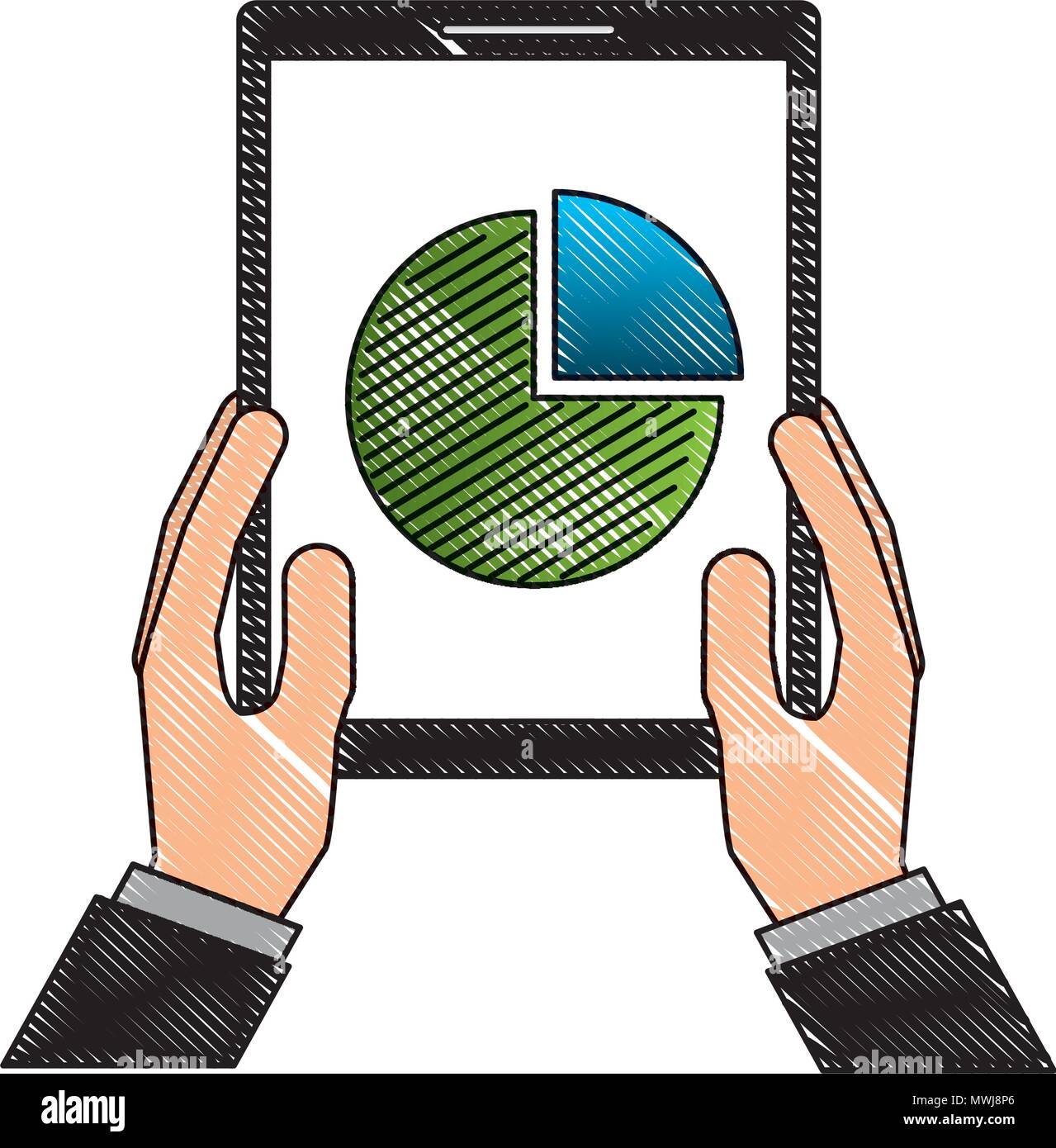 hands holding mobile with financial pie chart vector illustration Stock Vector