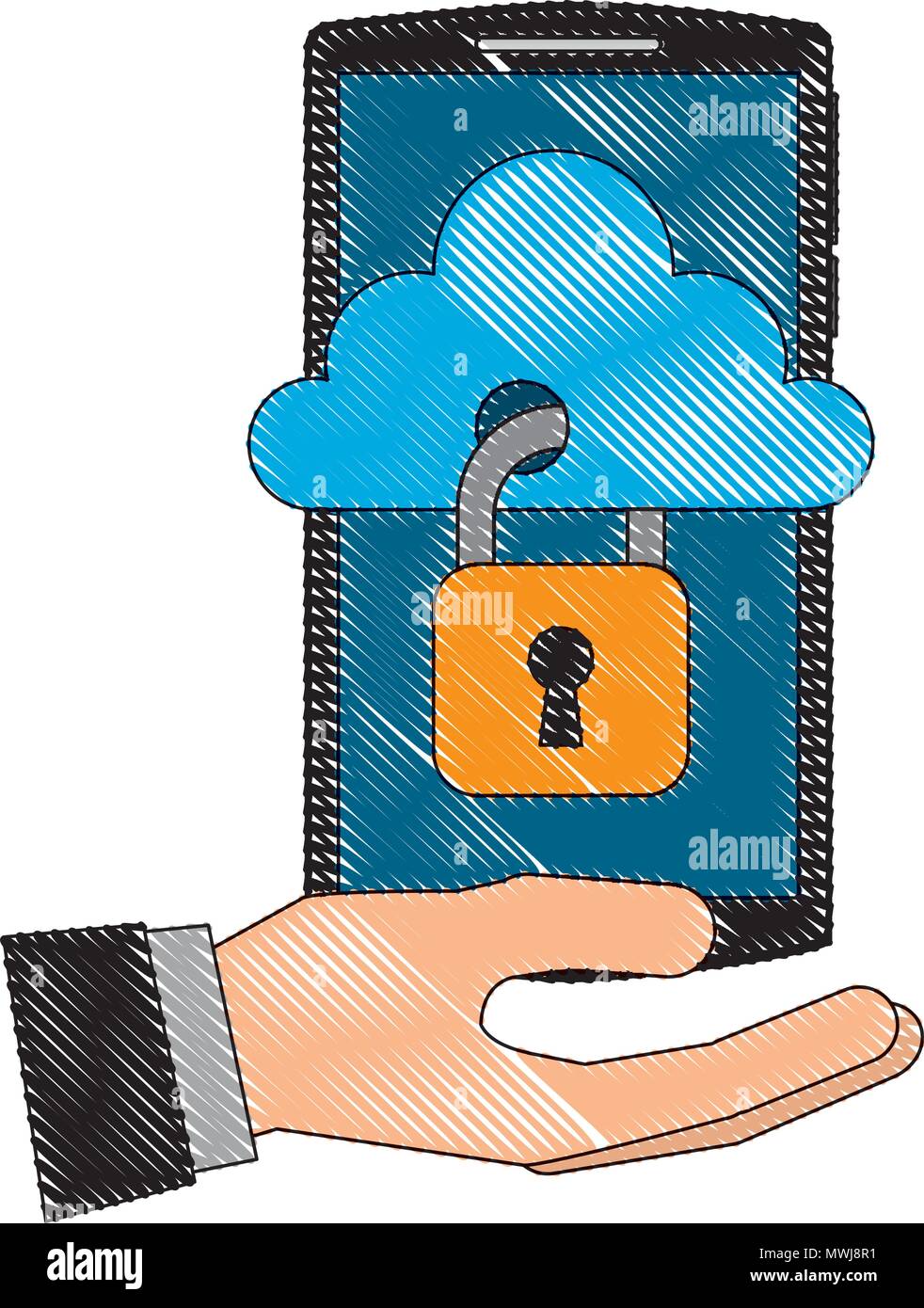 hand holding smartphone with cloud storage security vector illustration ...