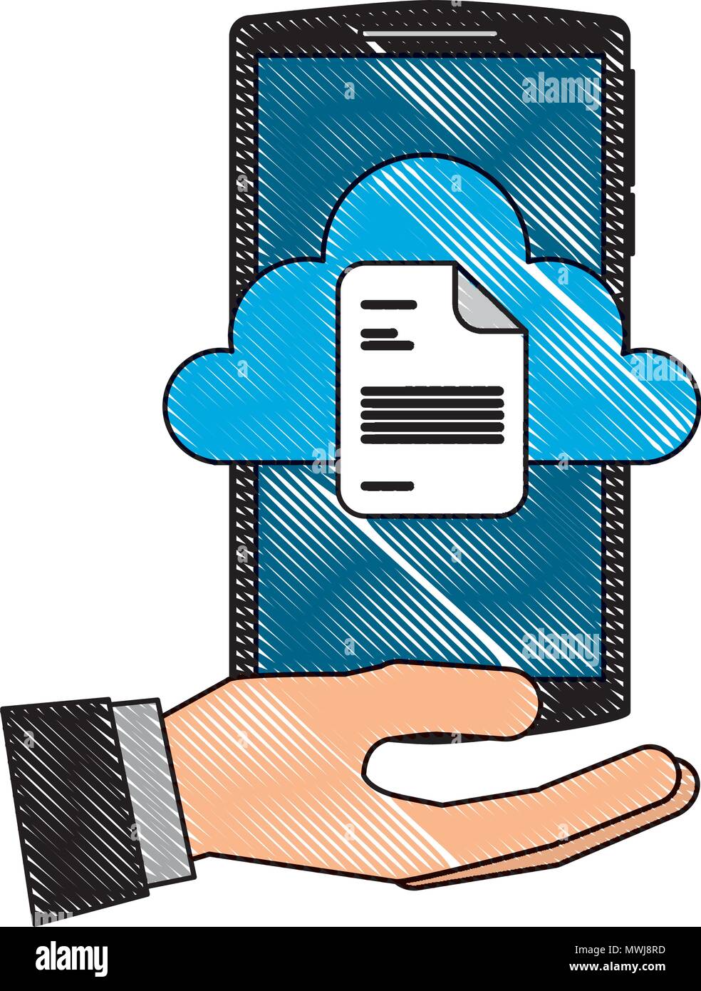 hand holding smartphone with cloud storage and document vector ...