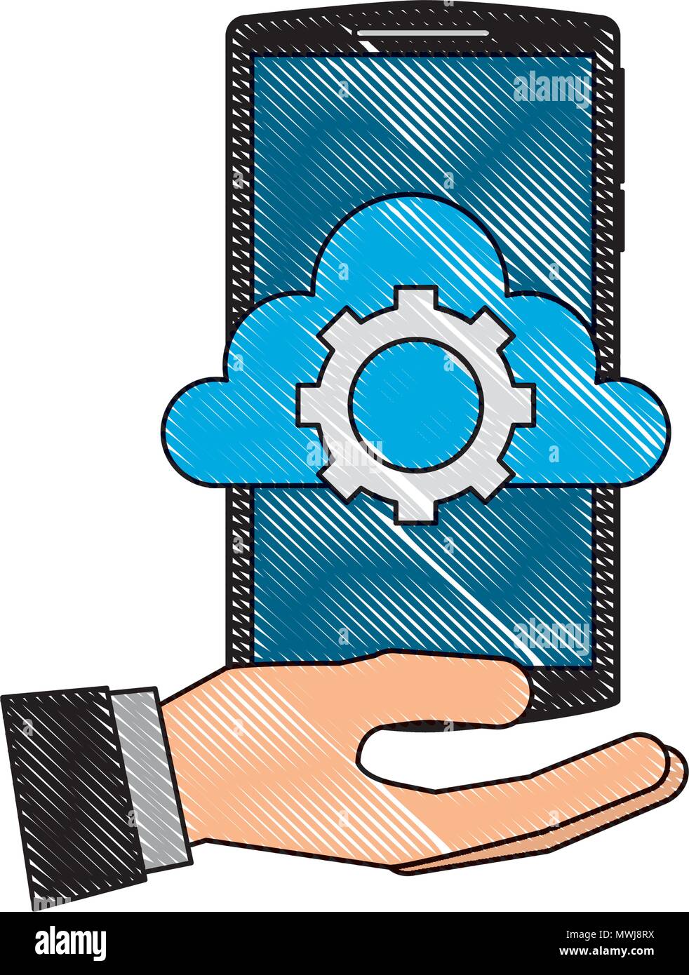 hand holding smartphone with cloud storage gear work vector ...
