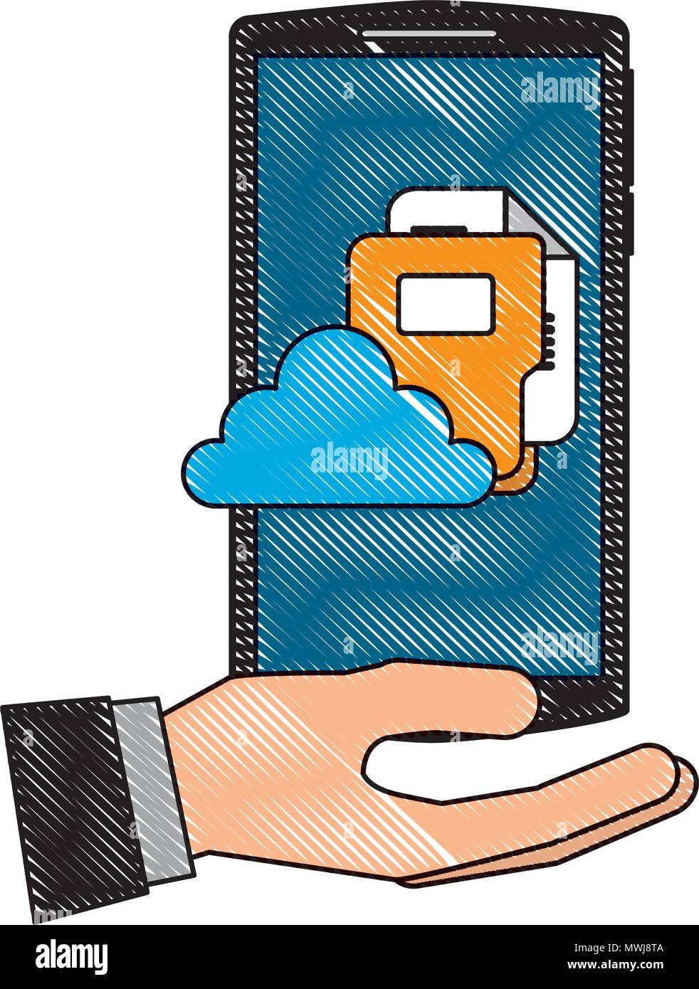 hand holding smartphone with cloud storage folder data file vector ...