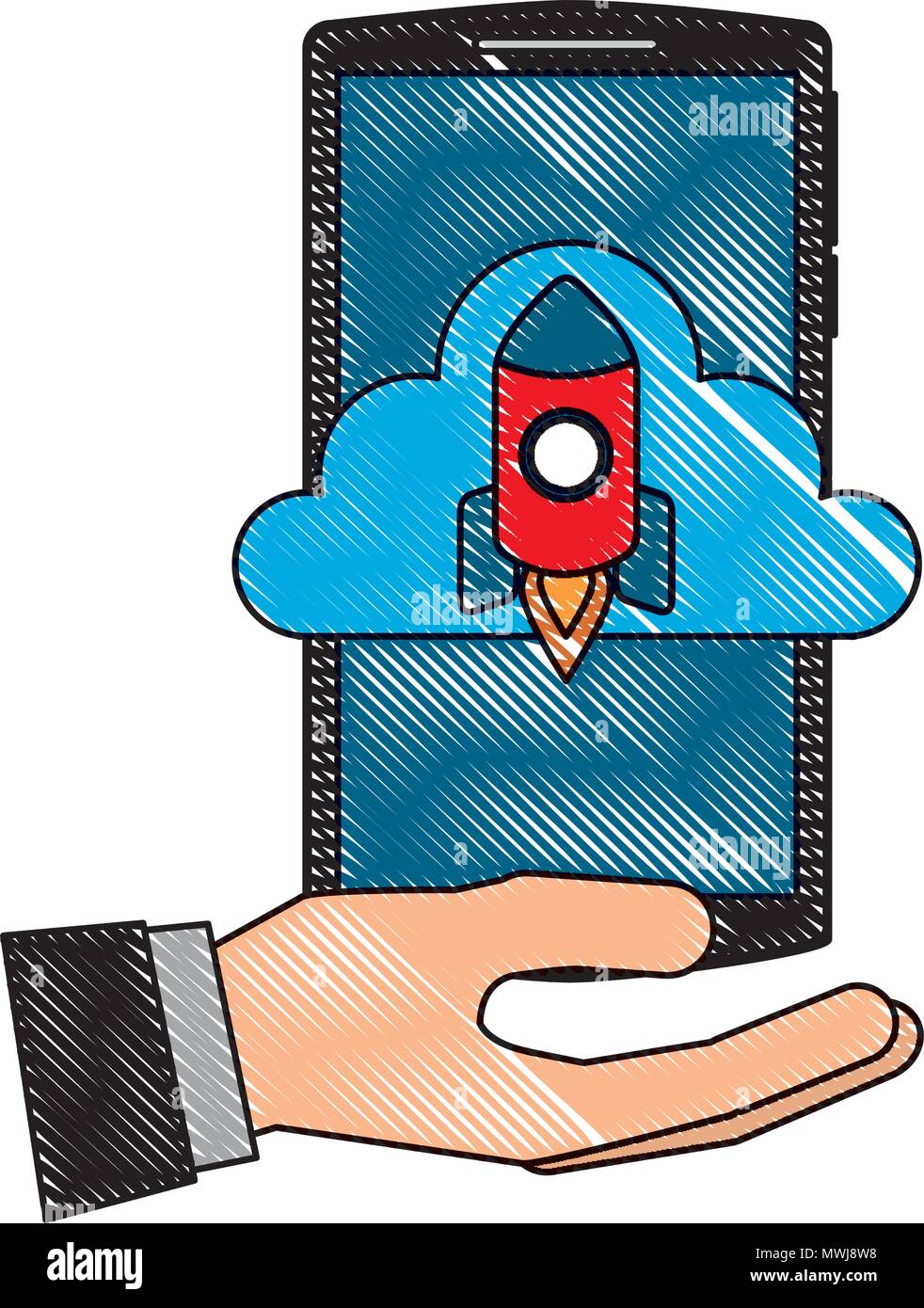 hand holding smartphone with cloud storage rocket startup vector ...