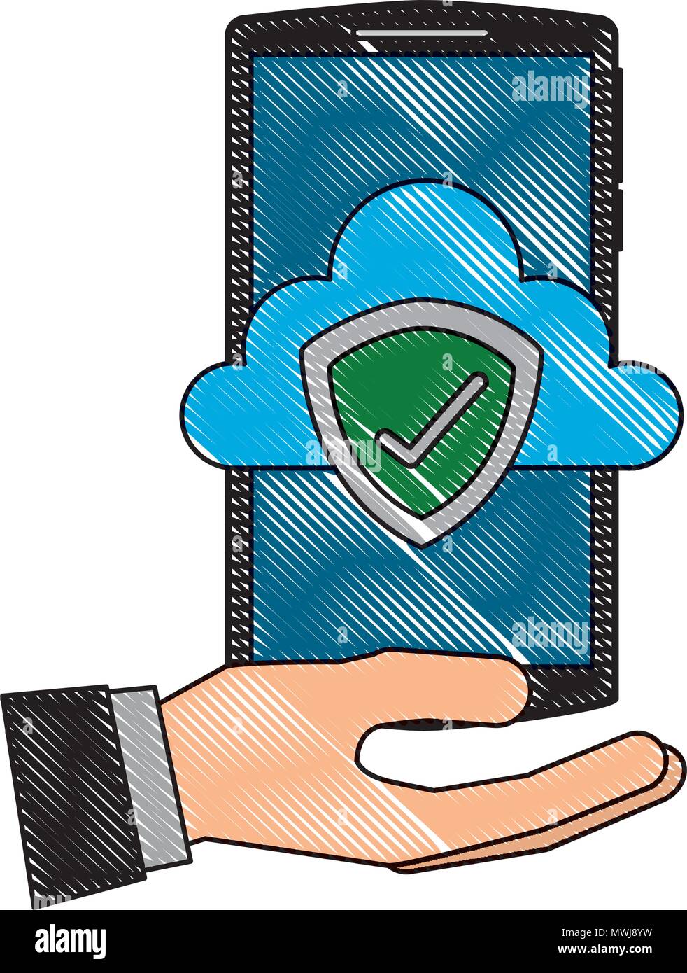 hand holding smartphone with cloud storage shield checkmark protection ...