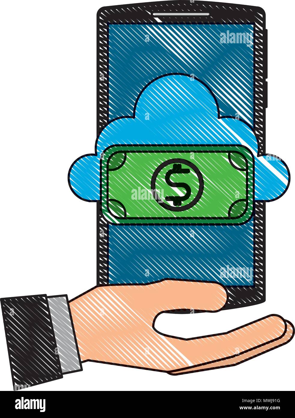 hand holding smartphone with cloud computing dollar banknote vector ...